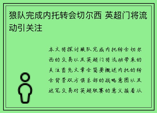 狼队完成内托转会切尔西 英超门将流动引关注
